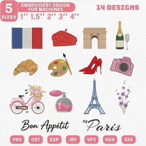 以下が含まれることがあります： パリをテーマにした刺繍デザイン。 フランスの国旗、ベレー帽、凱旋門、シャンパンボトル、クロワッサン、パレット、赤いハイヒール、カメラ、自転車、香水、エッフェル塔、ラベンダーが含まれています。 5つのサイズのデザイン: 2.5cm、3.8cm、5cm、7.6cm、10cm。