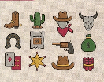 Mini Western Icons Embroidery Design Set,Cowboy Boot Cactus Hat Machine Embroidery Files,Wild West Pattern,Manual Digitized Small Filler