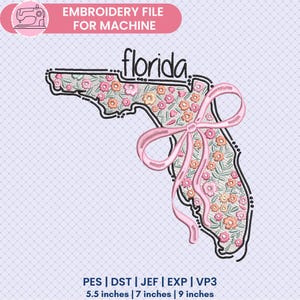 Puede incluir: Diseño bordado del estado de Florida con un lazo rosa y un patrón floral. El diseño está disponible en los formatos PES, DST, JEF, EXP y VP3. El diseño mide 5,5 pulgadas por 7 pulgadas o 9 pulgadas.