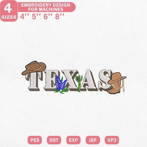 Puede incluir: Un diseño de bordado con la palabra "TEXAS" en 3D, decorado con un sombrero de vaquero, flores de lupino, un cactus y una bota de vaquero. Disponible en 4 tamaños: 10,16 cm, 12,7 cm, 15,24 cm y 20,32 cm.