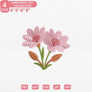Puede incluir: Un archivo de bordado para máquina con dos flores rosas con centros rojos, tallos verdes y capullos marrones. El diseño está disponible en tamaños de 10,16 cm, 12,7 cm, 15,24 cm y 20,32 cm. La imagen también muestra opciones de tipo de archivo: PES, DST, EXP, JEF y VP3.