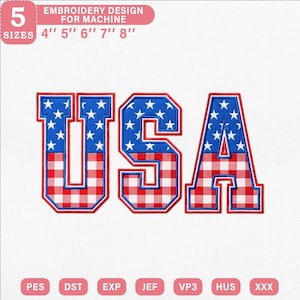 Op de afbeelding: "USA" borduurontwerp in rood, wit en blauw. De letters zijn rood omlijnd met een blauw, met sterren gevuld bovendeel en een rood-wit geruite onderkant. Het ontwerp is verkrijgbaar in 5 maten, van 10 cm tot 20 cm.