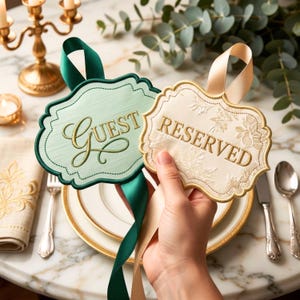 May include: Two decorative hanging signs with scalloped edges. One sign is light green with the word GUEST embroidered in gold. The other sign is cream with a floral pattern and the word RESERVED embroidered in gold. Both have satin ribbons.