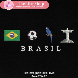 May include: Embroidery design featuring a soccer ball, a blue parrot, the Christ the Redeemer statue, and the Brazilian flag. The word "BRASIL" is written below the design. The design is available in JEF, EXP, DST, PES, and EMB formats. Sizes range from 5 to 9 inches.