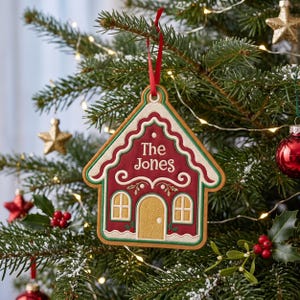 May include: A house-shaped Christmas ornament with a red background, white icing-style trim, and a yellow door. The text "The Jones" is printed in white on the front. The ornament hangs from a red ribbon on a green pine tree branch.