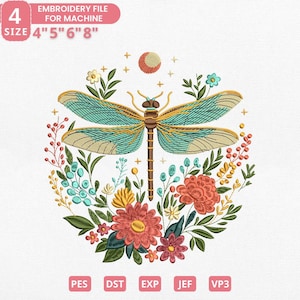 Puede incluir: Un archivo de bordado para bordadora con una libélula con alas turquesas y beige, rodeada de flores y follaje coloridos. El diseño incluye el texto "EMBROIDERY FILE FOR MACHINE" y los tamaños 10.16cm, 12.7cm, 15.24cm y 20.32cm.