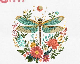 Diseño de bordado de jardín de libélulas, archivo de bordado a máquina de libélula grande con flores silvestres, 4 tamaños, descarga instantánea, Dst Pes Jef Exp Vp3