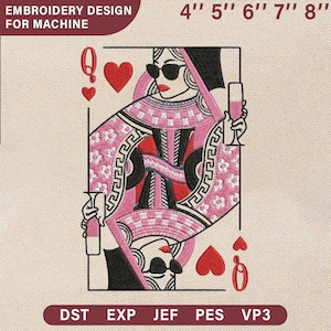 May include: An embroidery design for a machine featuring the Queen of Hearts playing card. The design includes a woman in sunglasses holding a glass of champagne, with pink and black accents. The text "EMBROIDERY DESIGN FOR MACHINE" is at the top.