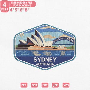 May include: A blue and white embroidered patch featuring the Sydney Opera House and Harbour Bridge. The patch is in a hexagonal shape with the text "SYDNEY AUSTRALIA". The patch is available in sizes 4", 5", 6", and 8".