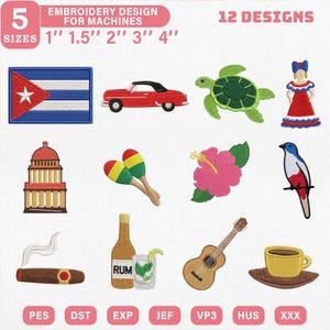 Cuba Mini Icon Embroidery Design Bundle, Havana Cultural Heritage Caribbean Vacation Symbol, Pes Dst Jef Vp3