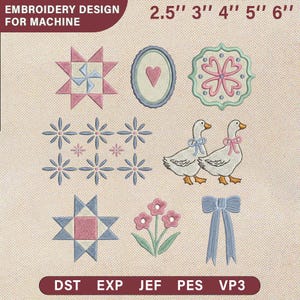 Op de afbeelding: Een borduurontwerpblad met machinestikpatronen. Ontwerpen omvatten bloemen-, geometrische en diermotieven, met maten variërend van 6,35 cm tot 15,24 cm. De tekst "EMBROIDERY DESIGN FOR MACHINE" staat bovenaan. Bestandsformaten zijn DST, EXP, JEF, PES en VP3.