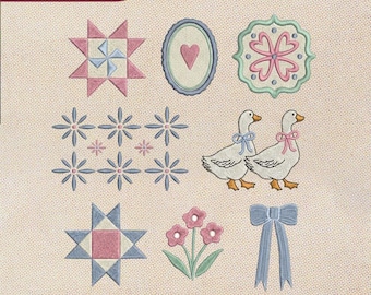 Thrifting Inspired Embroidery Bundle, Vintage Geese and Bow Coquette Set, Thrifted Patchwork Quilt Sampler, Grandmacore Upcycle Pattern