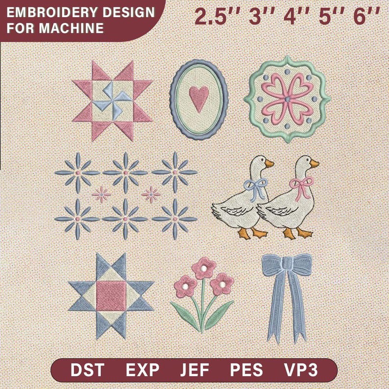 May include: An embroidery design sheet featuring various machine embroidery patterns. Designs include floral, geometric, and animal motifs, with sizes ranging from 2.5" to 6". The text "EMBROIDERY DESIGN FOR MACHINE" is at the top. File formats include DST, EXP, JEF, PES, and VP3.