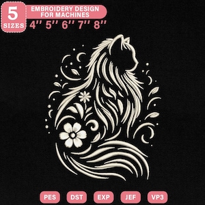Floral Cat Embroidery Design, Elegant Feline with Flowers Machine Embroidery File, Instant Download Dst Pes Exp Jef Vp3