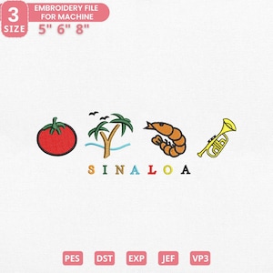 Könnte beinhalten: Stickdatei mit roter Tomate, Palme, Garnele und Trompete. Das Wort "SINALOA" steht darunter. Die Größen sind 12.7cm, 15.2cm und 20.3cm. Formate: PES, DST, EXP, JEF, VP3.