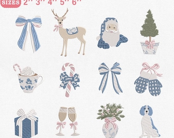 Chinoiserie Christmas Embroidery Design Bundle | Grandmillennial Preppy Blue Pink Machine Files | Winter Holiday Icons 5 Sizes | PES