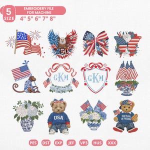 4th of July Embroidery Bundle, American Flag Embroidery File, Patriotic Bear Butterfly Monkey Digital File, USA Crest Frame Pes Jef Exp Dst