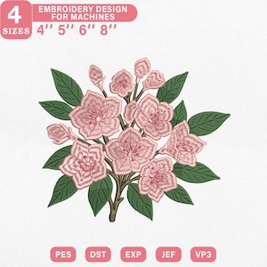 May include: An embroidery design for machines featuring a cluster of pink flowers with green leaves. The design includes text indicating four sizes: 4", 5", 6", and 8". The design is available in PES, DST, EXP, JEF, and VP3 formats.