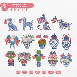 May include: Embroidery file with various patriotic designs. Includes blue and white dog and monkey illustrations holding American flags, floral arrangements, and decorative vases. The file sizes are 4", 5", 6", 7", and 8".