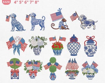 Patriotic Chinoiserie Independence Day Embroidery Bundle, 4th of July Embroidery File, American Flag Pes Jef Exp Dst