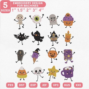 May include: A collection of sixteen Halloween-themed embroidery designs for machines, including a mummy, eyeball, tombstone, cupcake, bat, crow, house, candle, coffin, ice cream, pumpkin, book, candy corn, skull, star, and mug, in 1", 1.5", 2", 3", 4" sizes.