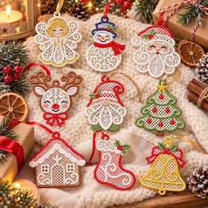 May include: A collection of nine embroidered Christmas ornaments featuring an angel, snowman, Santa Claus, reindeer, gnome, Christmas tree, gingerbread house, stocking, and bell, all crafted with intricate white lace-like patterns.