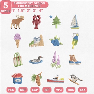 May include: A collection of sixteen machine embroidery designs featuring a moose, lobster, pine tree, sailboat, ice cream cone, house, blueberries, buoy, tote bag, loon, lupine flowers, boot, jam jar, pinecone, boat, and bird, with 1" to 4" sizes.