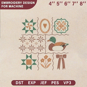 May include: An embroidery design for machine use, featuring a grid of stitched images. The design includes a duck, stars, flowers, and a bow. The text at the top reads "4" 5" 6" 7" 8"" and "EMBROIDERY DESIGN FOR MACHINE".
