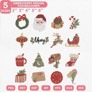 May include: A digital collection of Christmas-themed embroidery designs for machines, featuring icons like a wreath, Santa, gifts, candy cane, ornament, reindeer, sleigh, mug, tree, mailbox, stocking, envelope, and balloons, with text 5 SIZES 2" 3" 4" 5" 6".