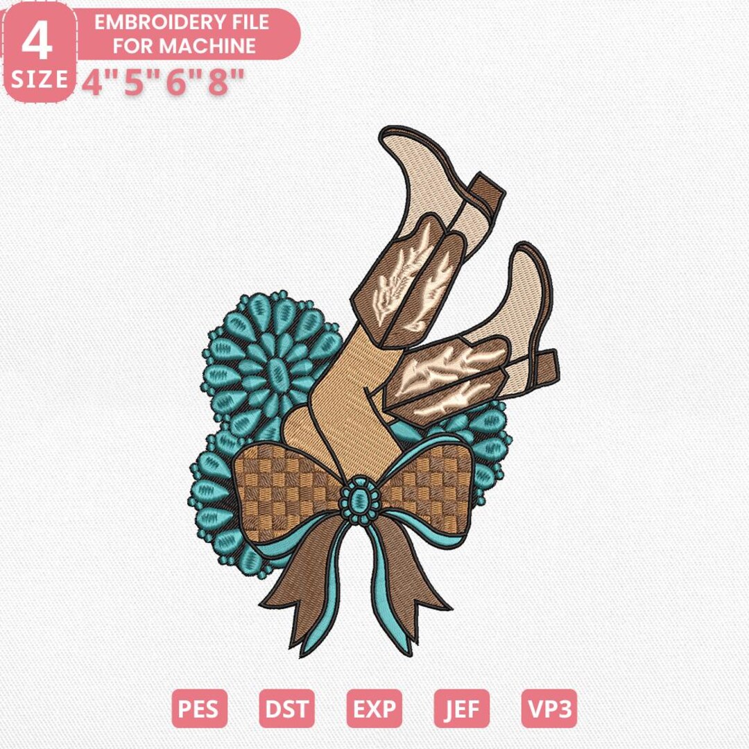 Western Cowgirl Boots Embroidery Design, Legs With Turquoise Bow and ...