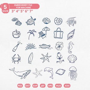 Può includere: Una collezione di disegni di ricamo a tema spiaggia disegnati a mano. Include immagini di conchiglie, una tartaruga, pesci, palme, una sedia a sdraio, una barca, una tavola da surf e un bikini. Il testo recita "EMBROIDERY FILE FOR MACHINE" e "SIZE 3" 4" 5" 6" 7".