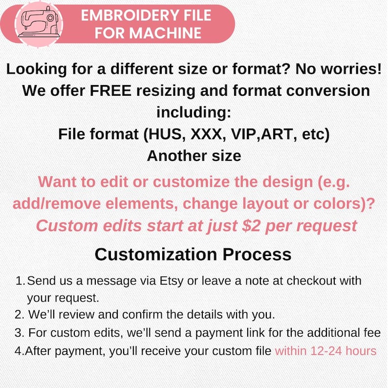 Puede incluir: Una pancarta rosa con el texto "EMBROIDERY FILE FOR MACHINE" y una imagen de una m&aacute;quina de coser. La imagen tambi&eacute;n contiene texto sobre opciones de cambio de tama&ntilde;o, conversi&oacute;n de formato y personalizaci&oacute;n para archivos de bordado.