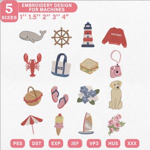 May include: A collection of sixteen nautical and summer-themed embroidery designs for machines, including a whale, ship wheel, lighthouse, sweater with Nantucket text, lobster, tote bag, sandwich, camera, basket, flip-flops, flowers, and a dog.