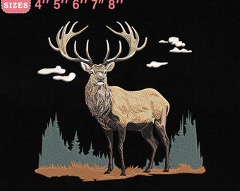 May include: An embroidered design featuring a majestic elk with large antlers, set against a backdrop of stylized trees and clouds. The design is available in 5 sizes: 4", 5", 6", 7", and 8". The text "EMBROIDERY DESIGN FOR MACHINES" is displayed at the top.