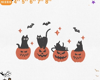Escuadrón de gatos de Halloween con diseño de calabazas, gato negro y Jack-O-Lantern. Archivo de bordado espeluznante para máquina. Descarga instantánea. PES DST.