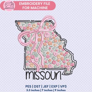 May include: An embroidery design of the state of Missouri with a pink bow and floral pattern. The design is 5.5 inches by 7 inches or 9 inches. The design is available in PES, DST, JEF, EXP, and VP3 formats.