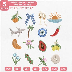 May include: A digital collection of embroidery designs for machines featuring 16 icons including an orange, blue striped bow, champagne flutes, sunset, airplane, palm tree, evil eye, chili pepper, orange slice, flower, papaya, lemons, tulips, olives, and a sand dollar.