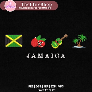 Könnte beinhalten: Stickmuster mit jamaikanischer Flagge, Ackee-Frucht, Gitarre und Palmen. Der Text "JAMAICA" befindet sich unter den Bildern. Der Text "PES | DST | JEF | EXP | VP3 From 5" to 9" befindet sich am unteren Rand des Musters.
