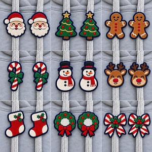 May include: A collection of nine pairs of embroidered patches featuring Christmas themes including Santa Claus, pine trees, gingerbread people, candy canes, snowmen, reindeer, stockings, wreaths, and bows, all attached to light gray hoodie drawstrings.