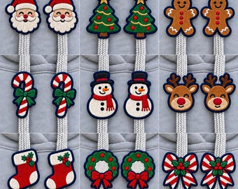 May include: A collection of nine pairs of embroidered patches featuring Christmas themes including Santa Claus, pine trees, gingerbread people, candy canes, snowmen, reindeer, stockings, wreaths, and bows, all attached to light grey hoodie drawstrings.