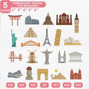 May include: A collection of machine embroidery designs featuring global landmarks including the Torii gate, Colosseum, Taj Mahal, Big Ben, Statue of Liberty, Eiffel Tower, Leaning Tower of Pisa, Sydney Opera House, Golden Gate Bridge, and pyramids.