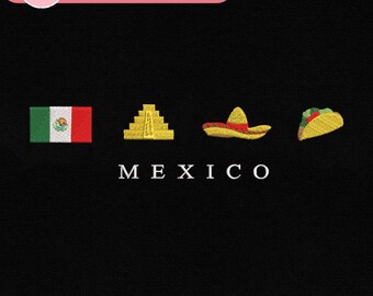 Mexico Embroidery Design For Machine, Mexican Flag, Mayan Pyramid, Sombrero Hat, Taco, Travel Souvenir, Mexican Embroidery, Instant Download