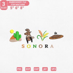 Może przedstawiać: Plik do haftu maszynowego z motywem pustynnym. Projekt zawiera kaktus, jelenia, pszenicę i gotowane danie, z napisem "SONORA" poniżej. Rozmiary plików to 12.7cm, 15.2cm i 20.3cm.