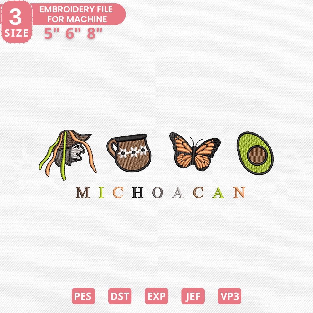 Michoacan Embroidery Design, Mexico Culture Machine Embroidery File, Monarch Butterfly file, Instant Download, 3 Sizes, Dst Pes Exp Jef Vp3