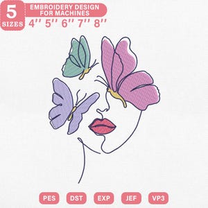 Butterfly Face Line Art Embroidery Design, Elegant Butterfly and Face Outline Machine Embroidery File, Instant Download Dst Pes Exp Jef Vp3