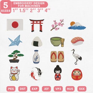 以下が含まれることがあります： 日本をテーマにした16種類の刺繍デザインセット。国旗、鳥居、桜、富士山、折り鶴、おにぎり、抹茶セット、寿司、盆栽、花瓶、下駄、鶴、招き猫、鯉、こけし、達磨のアイコンが含まれています。刺繍機用のデジタルデータです。