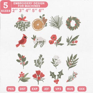 May include: A digital embroidery design set featuring 14 holiday-themed motifs including a cardinal, mistletoe, orange slice, cinnamon sticks, pine needles, a wreath, berries, and the word joy. The text 5 SIZES 2" 3" 4" 5" 6" is displayed at the top.