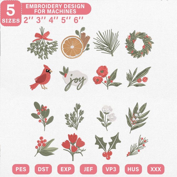 Mini Christmas Botanical Machine Embroidery Design Bundle - 5 Sizes PES JEF Formats | Winter Floral Pine Holly Branch Pattern