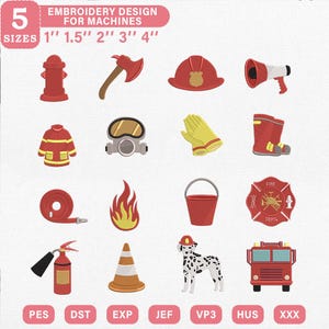 May include: A digital embroidery design set featuring sixteen firefighter-themed icons including a hydrant, axe, helmet, megaphone, jacket, gas mask, gloves, boots, hose, flame, bucket, badge, extinguisher, traffic cone, dalmatian, and fire truck.