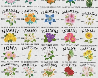 May include: Embroidered design featuring 50 US state flowers, each labeled with the state name and establishment year. Includes the Mountain Laurel, Camellia, Orange Blossom, Forget Me Not, Saguaro Blossom, Apple Blossom, Golden Poppy, Blue Columbine, Peach Blossom, and Cherokee Rose.